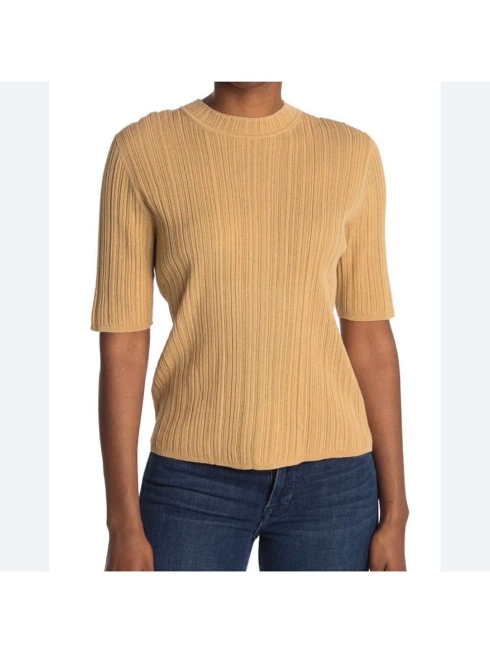 Vince Tan Variegated Half Sleeve Mock Neck Cotton Ribbed Sweater